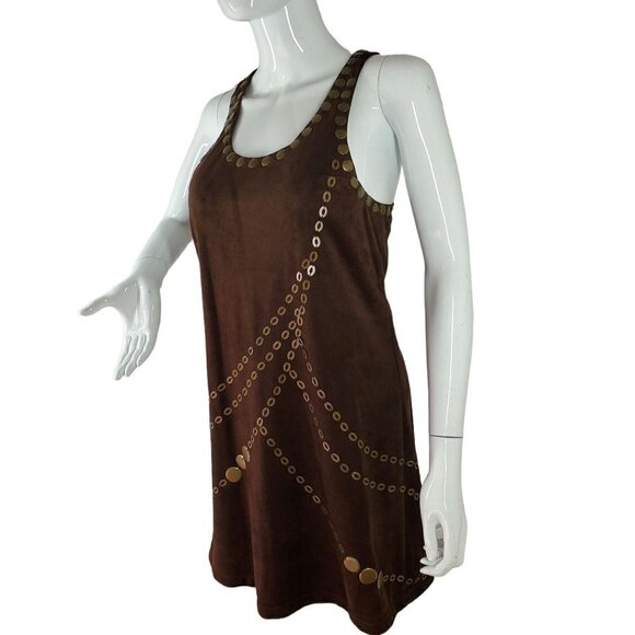 Retro Metal Embellished T Back Tunic Top Brown Microfiber Lee and Joe Womens Med - Picture 2 of 14